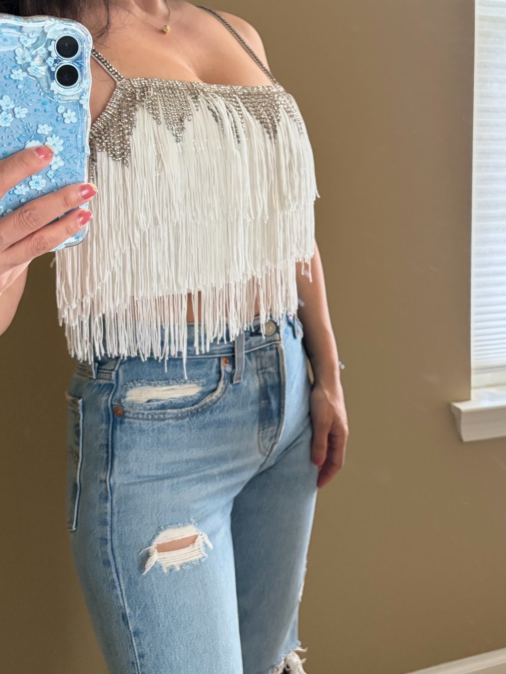 Fringe Rhinestone Ivory Tank Top with Spaghetti Straps